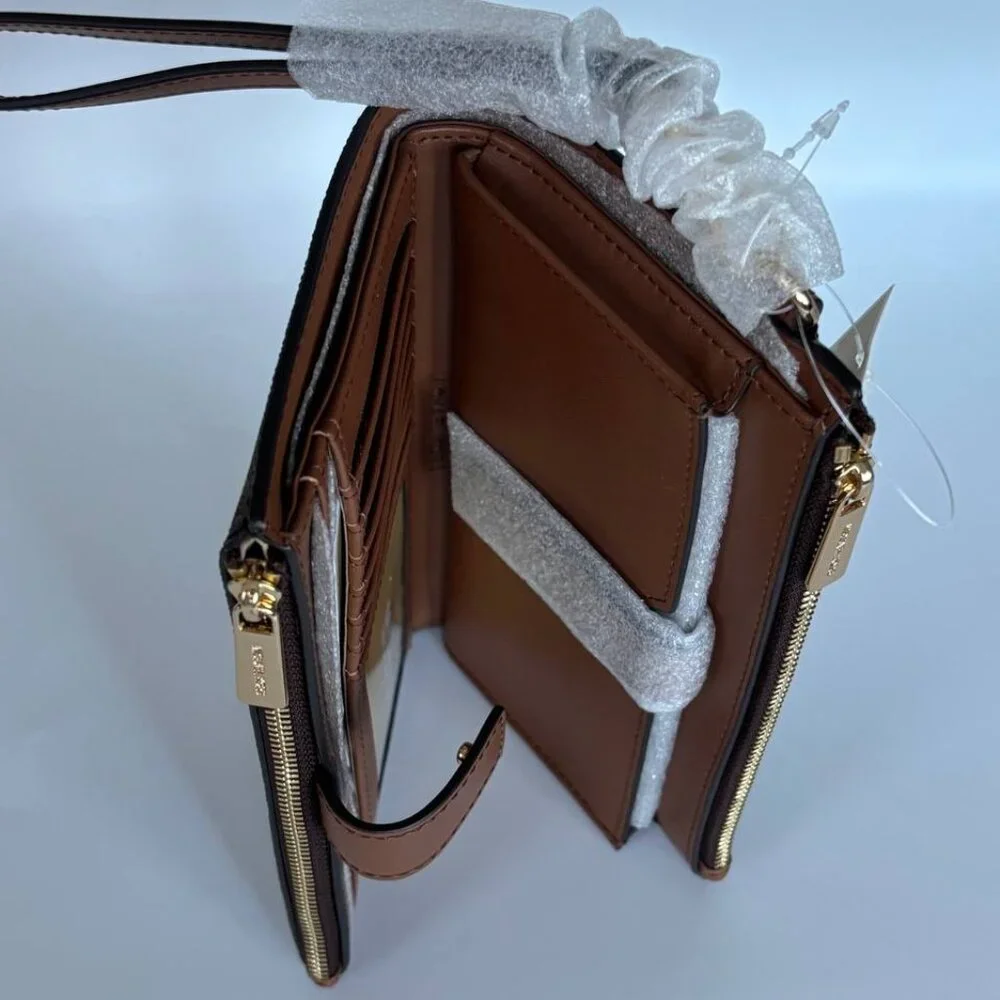 NWT Michael Kors Jet Set Travel Double Zip Large Phone Wallet MK Brown/Luggage - Picture 7 of 11